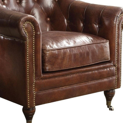 34" Brown Top Grain Leather Tufted Chesterfield Chair HomeRoots