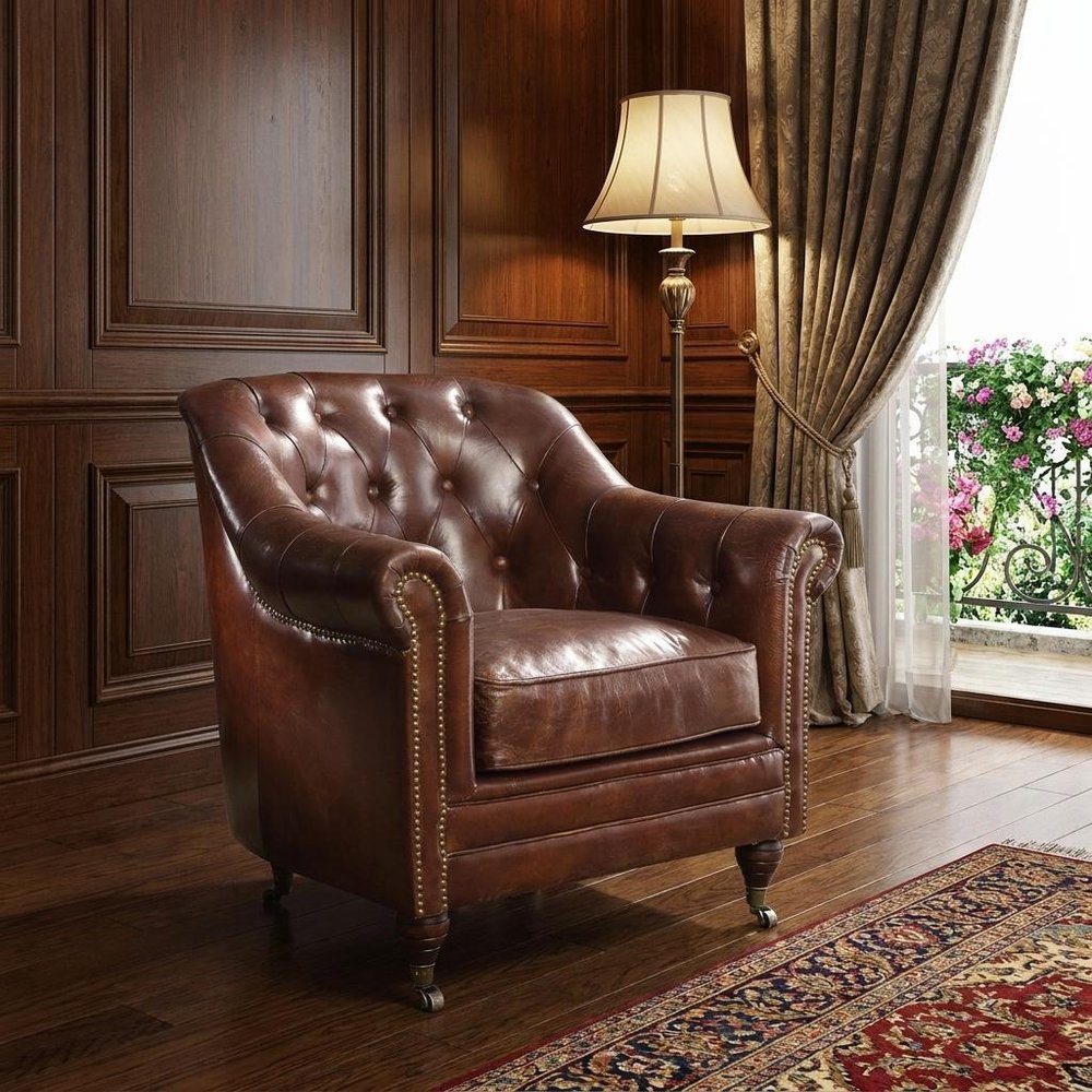 34" Brown Top Grain Leather Tufted Chesterfield Chair HomeRoots