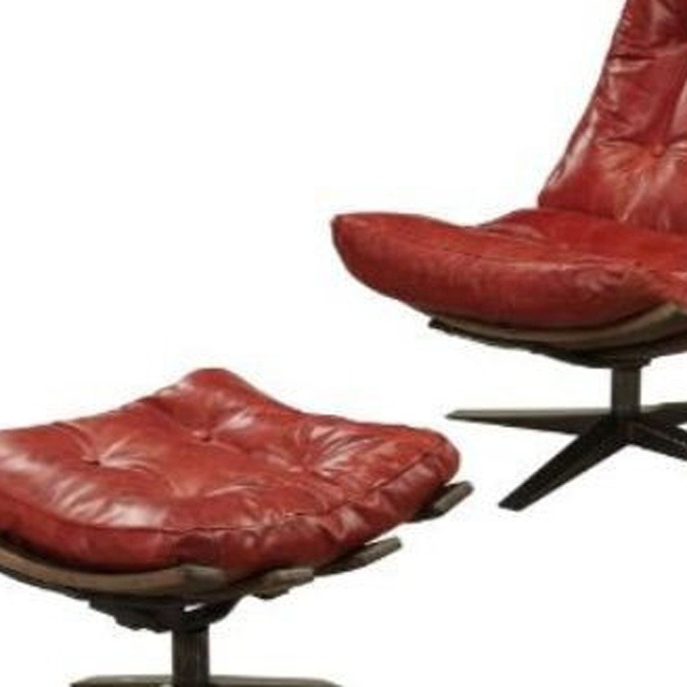 27" Red and Brown Top Grain Leather Tufted Swivel Lounge Chair With Ottoman HomeRoots