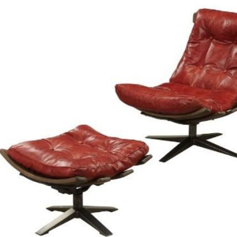 27" Red and Brown Top Grain Leather Tufted Swivel Lounge Chair With Ottoman HomeRoots