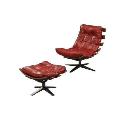 27" Red and Brown Top Grain Leather Tufted Swivel Lounge Chair With Ottoman HomeRoots