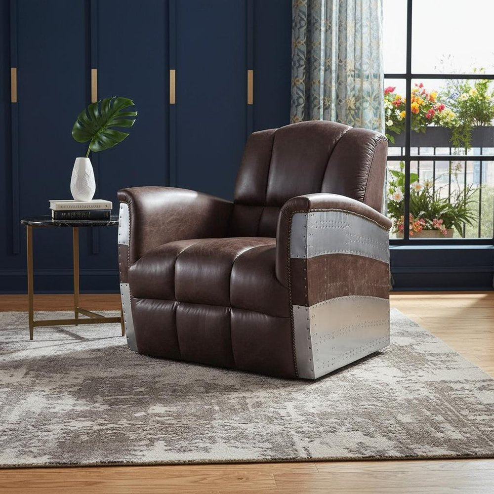 35" Brown Top Grain Leather Patchwork Club Chair — view 6
