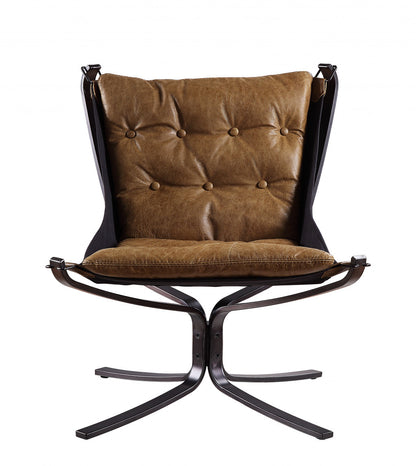 30" Coffee Top Grain Leather And Steel Solid Color Lounge Chair