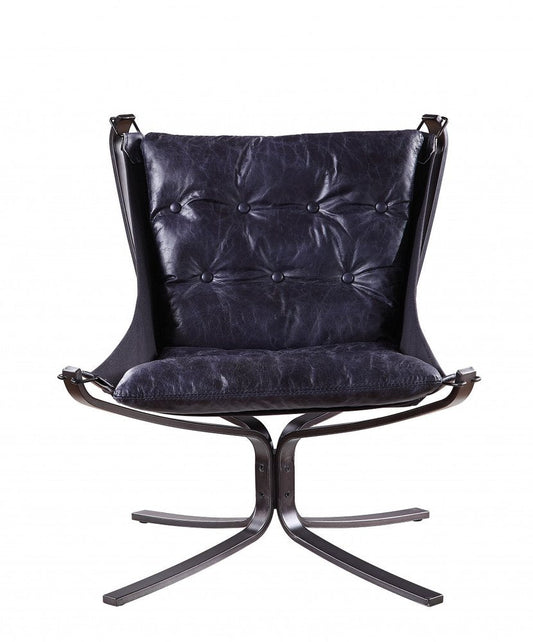 30" Blue and Steel Blue Top Grain Leather Tufted Lounge Chair HomeRoots