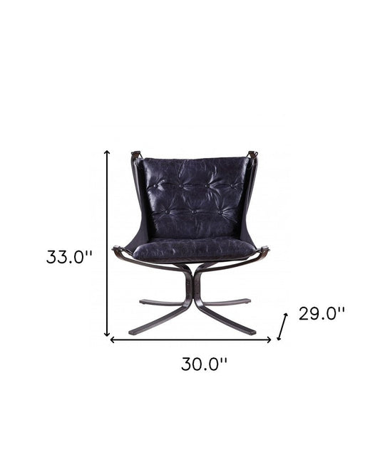 30" Blue and Steel Blue Top Grain Leather Tufted Lounge Chair HomeRoots