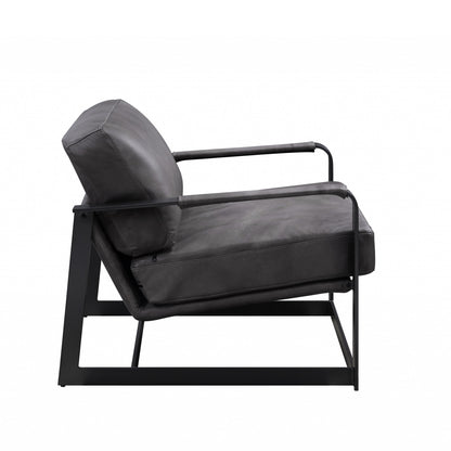 28" Gray Black Top Grain Leather And Steel Solid Color Arm Chair