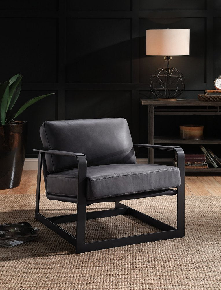 28" Gray and Steel Blue Top Grain Leather Arm Chair HomeRoots