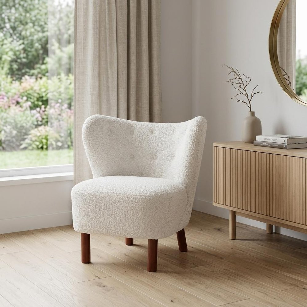 31" White and Brown Sherpa Polka Dots Wingback Chair