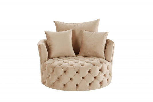 43" Beige Velvet Tufted Swivel Barrel Chair And Toss Pillows HomeRoots