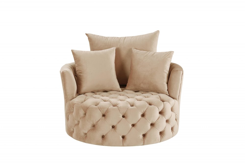 43" Beige Velvet Tufted Swivel Barrel Chair And Toss Pillows HomeRoots