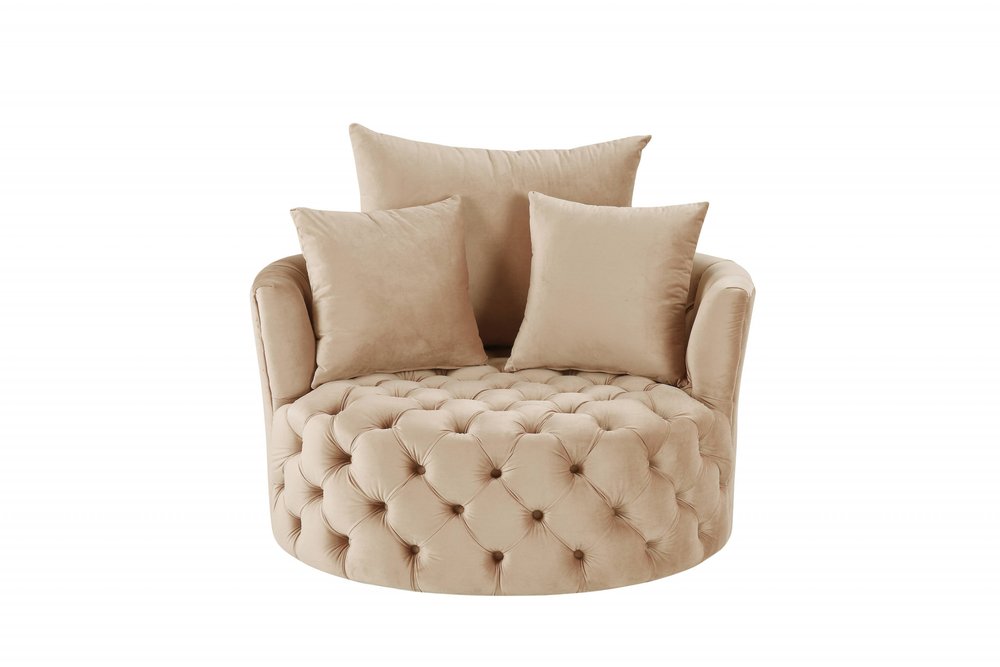 43" Beige Velvet Tufted Swivel Barrel Chair And Toss Pillows HomeRoots