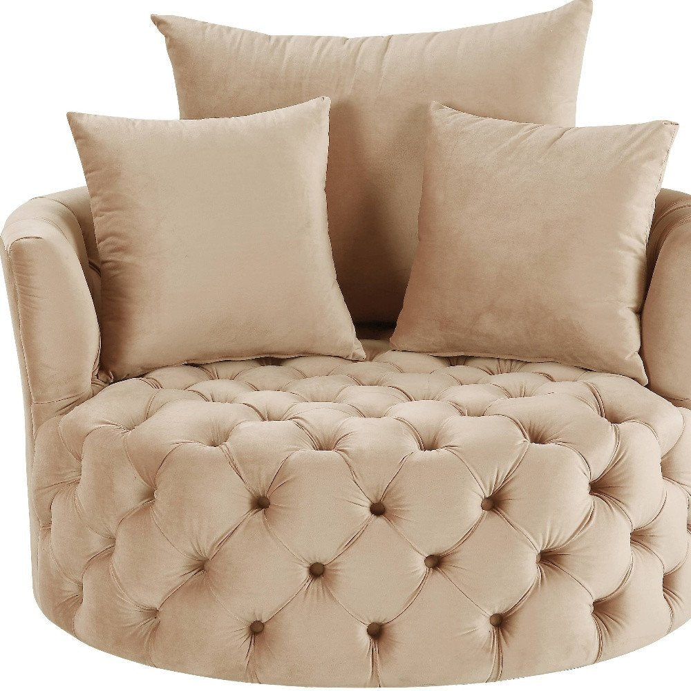 43" Beige Velvet Tufted Swivel Barrel Chair And Toss Pillows HomeRoots