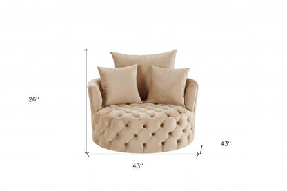 43" Beige Velvet Tufted Swivel Barrel Chair And Toss Pillows HomeRoots