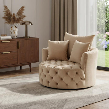 43" Beige Velvet Tufted Swivel Barrel Chair And Toss Pillows HomeRoots