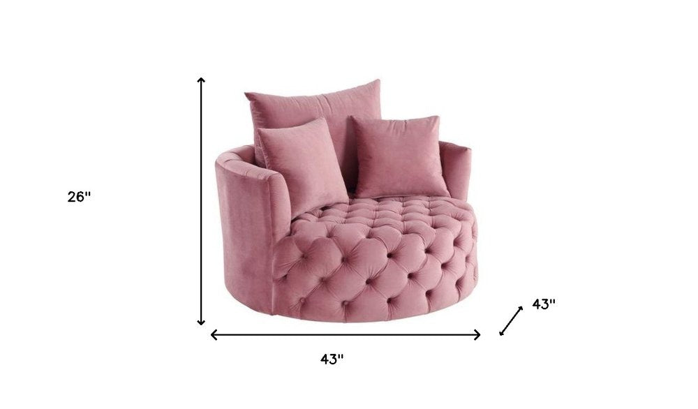 43" Pink Velvet Tufted Swivel Barrel Chair And Toss Pillows HomeRoots
