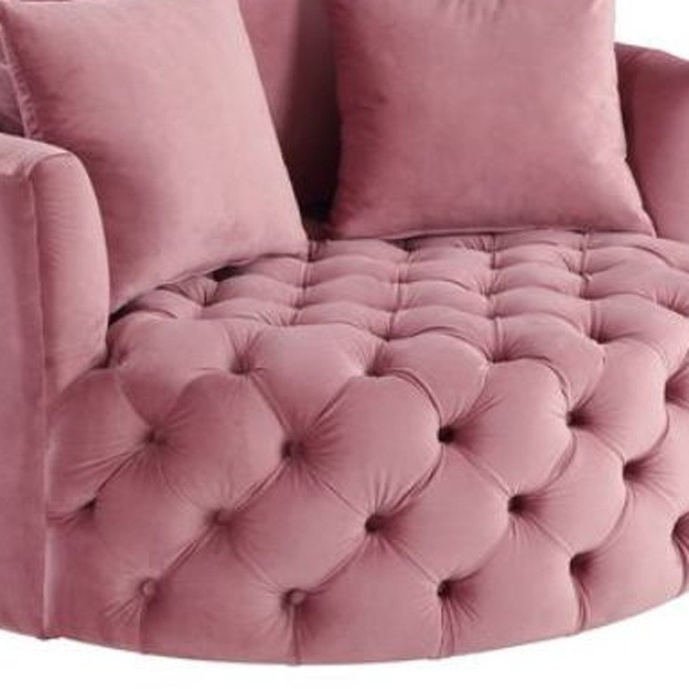 43" Pink Velvet Tufted Swivel Barrel Chair And Toss Pillows HomeRoots