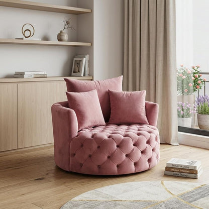 43" Pink Velvet Tufted Swivel Barrel Chair And Toss Pillows HomeRoots