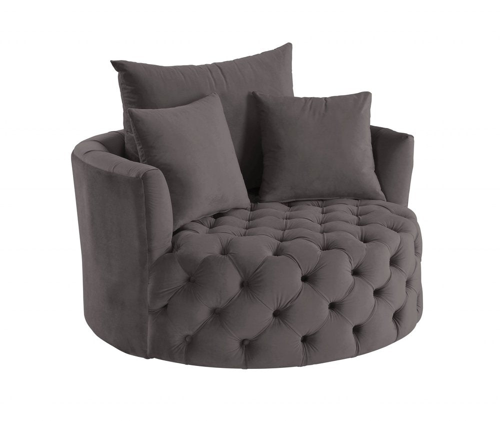 43" Gray Velvet Tufted Swivel Barrel Chair And Toss Pillows HomeRoots