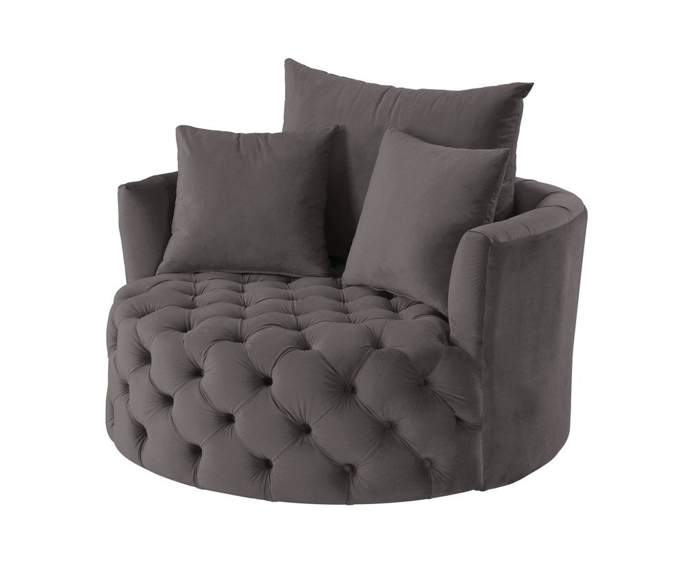 43" Gray Velvet Tufted Swivel Barrel Chair And Toss Pillows HomeRoots