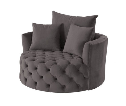43" Gray Velvet Tufted Swivel Barrel Chair And Toss Pillows HomeRoots