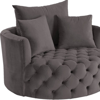 43" Gray Velvet Tufted Swivel Barrel Chair And Toss Pillows HomeRoots