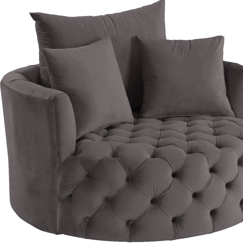 43" Gray Velvet Tufted Swivel Barrel Chair And Toss Pillows HomeRoots