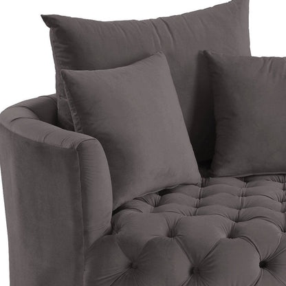 43" Gray Velvet Tufted Swivel Barrel Chair And Toss Pillows HomeRoots