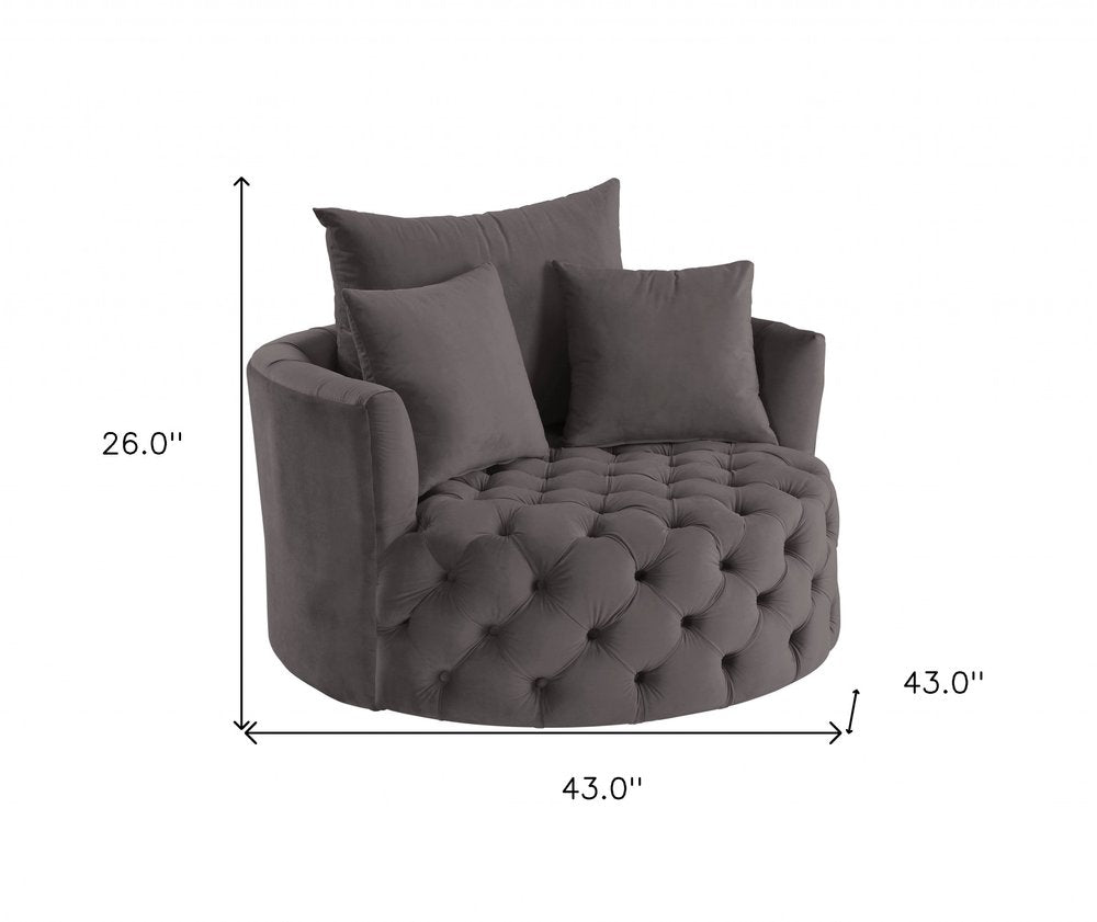 43" Gray Velvet Tufted Swivel Barrel Chair And Toss Pillows HomeRoots