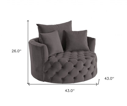 43" Gray Velvet Tufted Swivel Barrel Chair And Toss Pillows HomeRoots