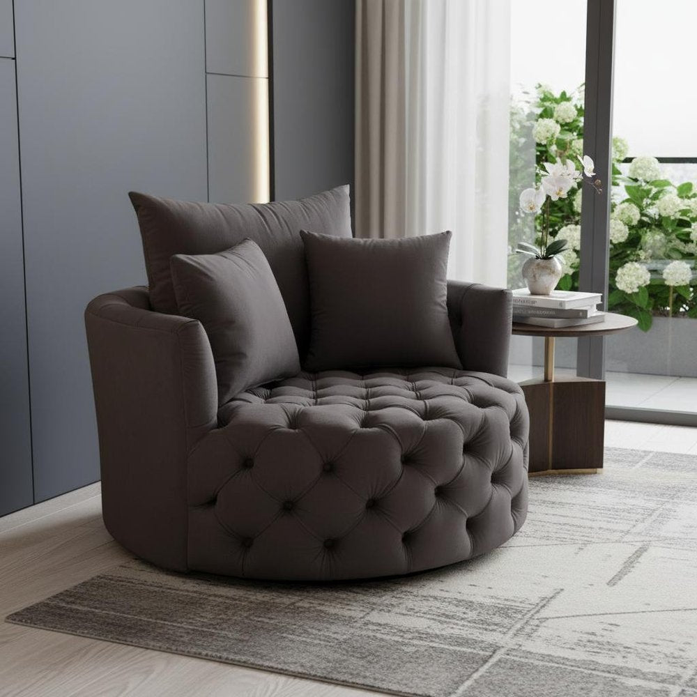 43" Gray Velvet Tufted Swivel Barrel Chair And Toss Pillows HomeRoots