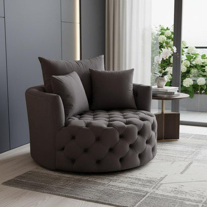 43" Gray Velvet Tufted Swivel Barrel Chair And Toss Pillows HomeRoots