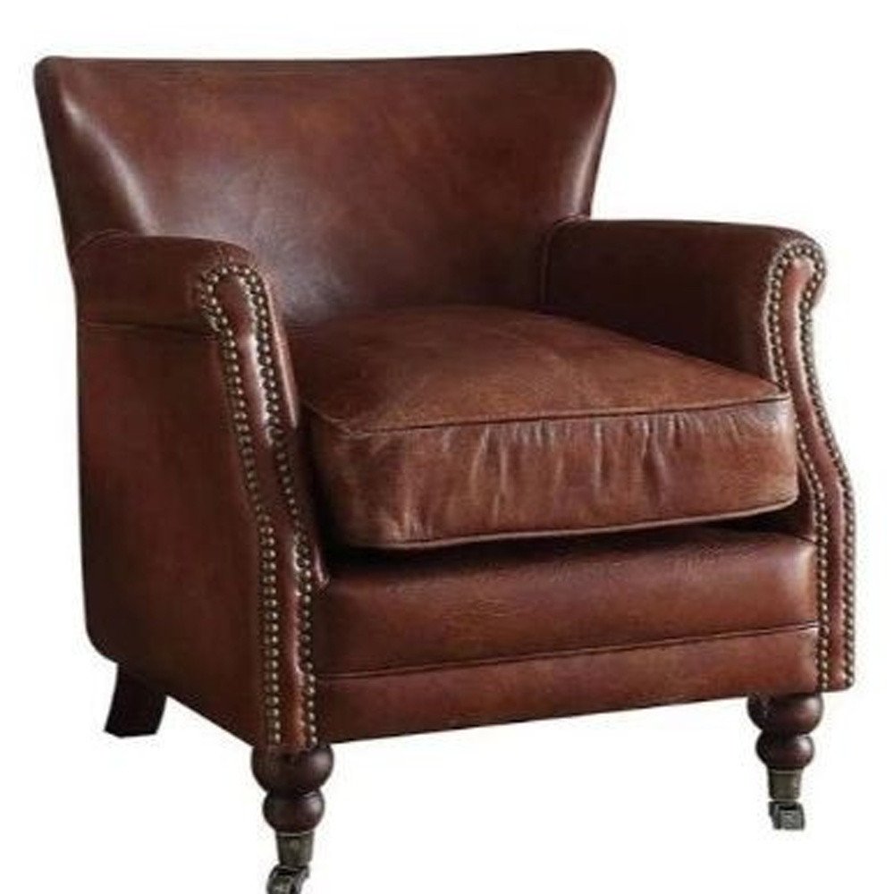 24" Dark Brown Top Grain Leather Wingback Chair HomeRoots