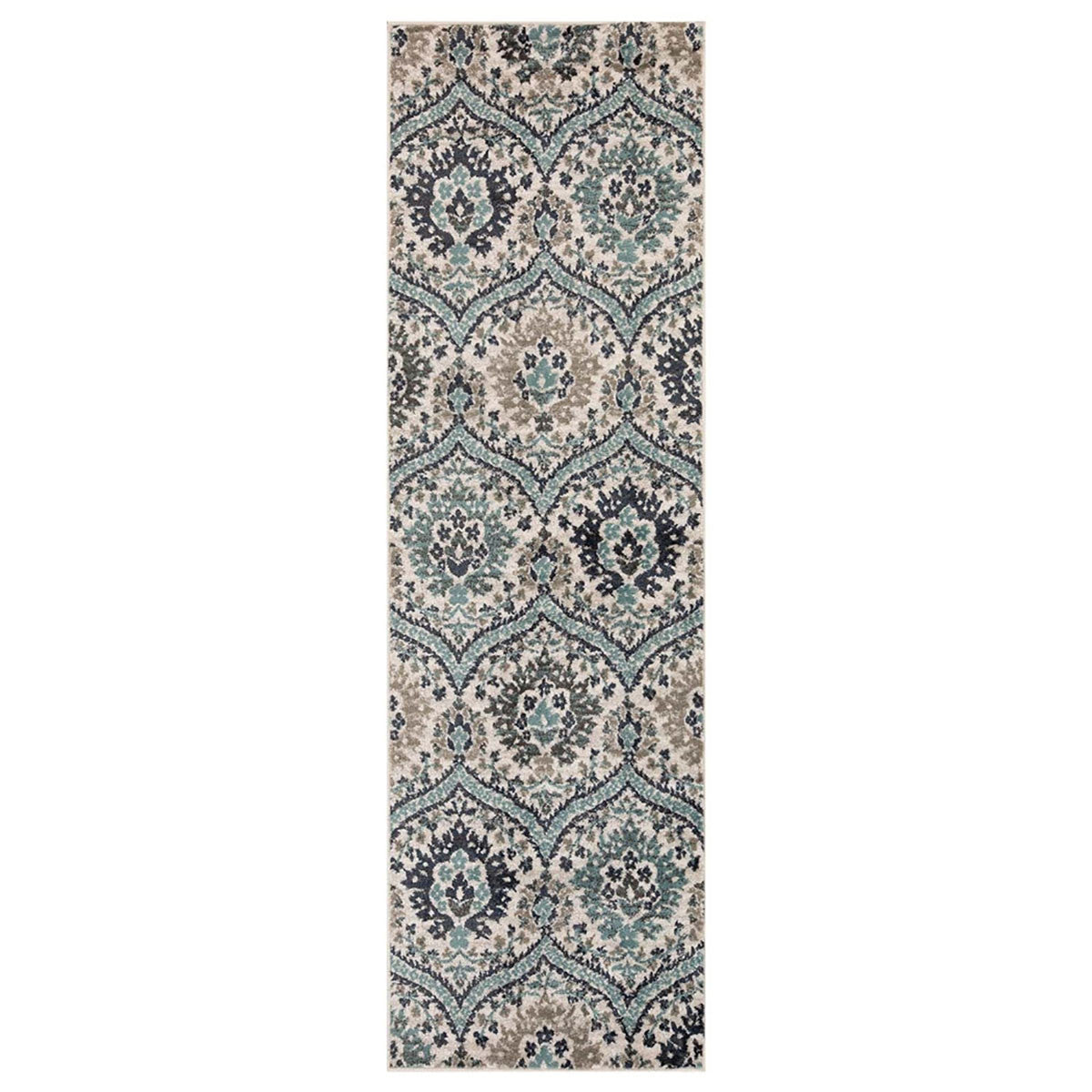 10' Ivory Blue and Gray Medallion Runner Rug - 32.0" (L) x 120.0" (W) x 0.6" (H)