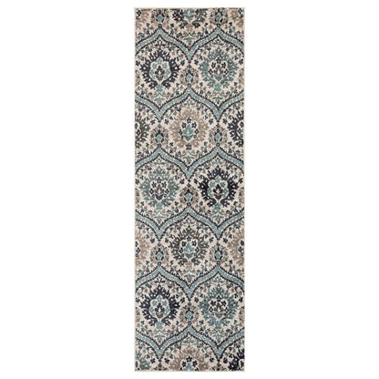 10' Ivory Blue and Gray Medallion Runner Rug - 32.0" (L) x 120.0" (W) x 0.6" (H)