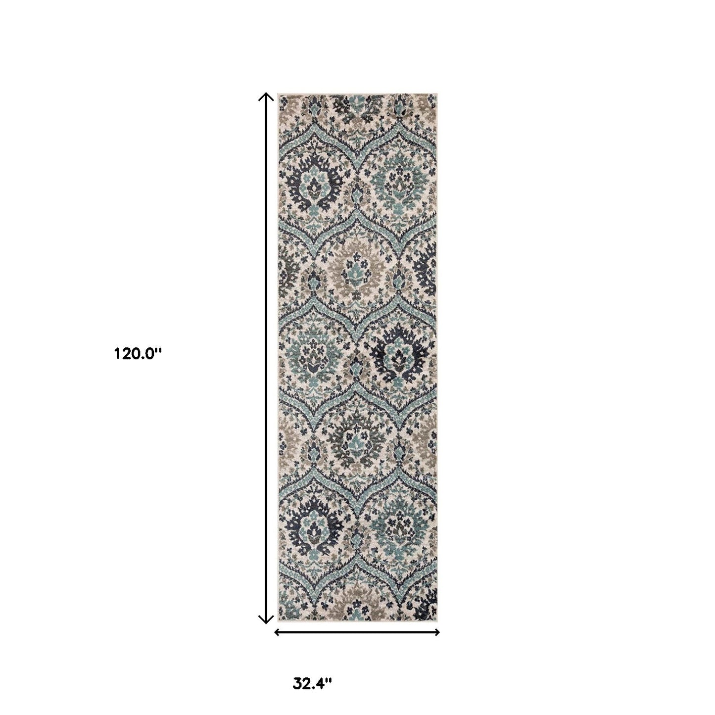 10' Ivory Blue and Gray Medallion Runner Rug - 32.0" (L) x 120.0" (W) x 0.6" (H)