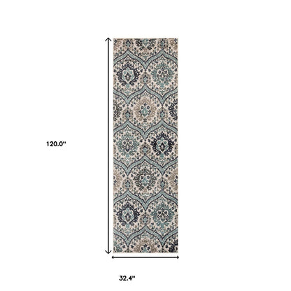 10' Ivory Blue and Gray Medallion Runner Rug - 32.0" (L) x 120.0" (W) x 0.6" (H)