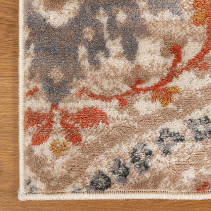 10' Ivory Orange And Gray Floral Stain Resistant Runner Rug - 27.0" (L) x 120.0" (W) x 0.6" (H)