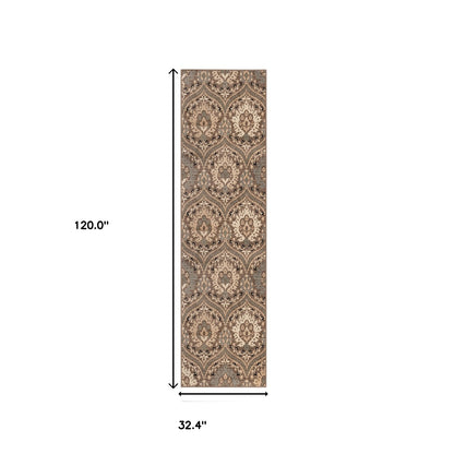 10' Ivory Beige And Light Blue Floral Stain Resistant Runner Rug - 27.0" (L) x 120.0" (W) x 0.6" (H)