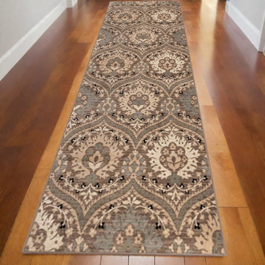 10' Ivory Beige And Light Blue Floral Stain Resistant Runner Rug - 27.0" (L) x 120.0" (W) x 0.6" (H)