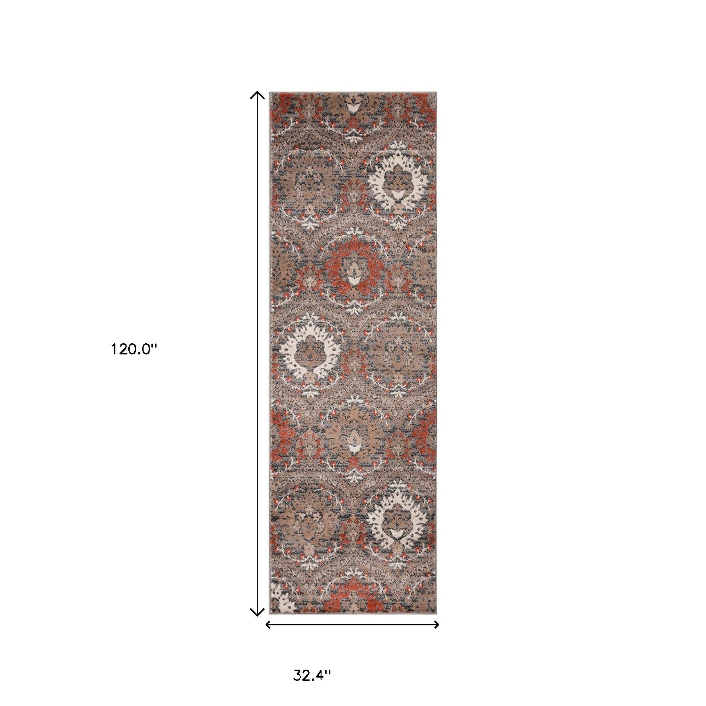 10' Rust And Gray Floral Stain Resistant Runner Rug - 32.0" (L) x 156.0" (W) x 0.6" (H)