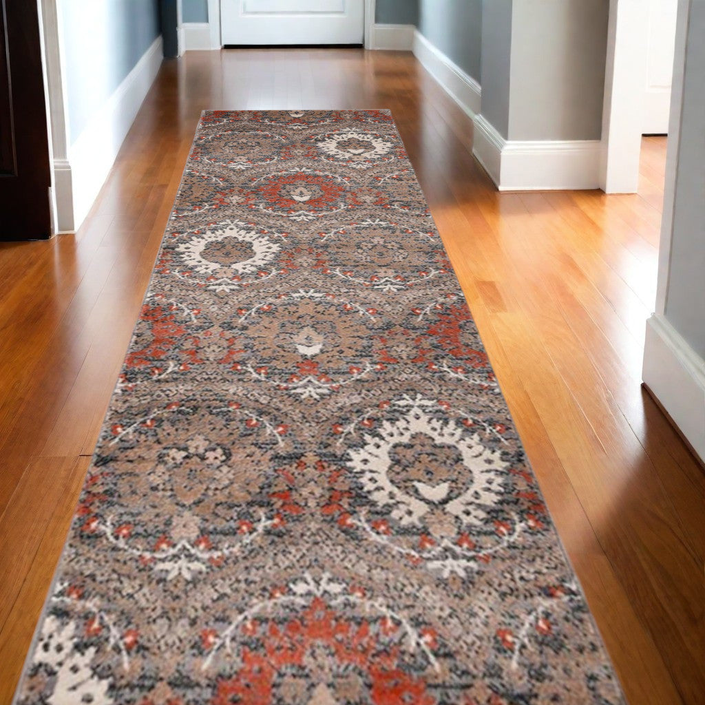 10' Rust And Gray Floral Stain Resistant Runner Rug - 32.0" (L) x 156.0" (W) x 0.6" (H)