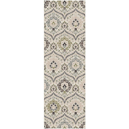 12' Ivory Gray And Olive Floral Stain Resistant Runner Rug - 24.0" (L) x 72.0" (W) x 0.28" (H)