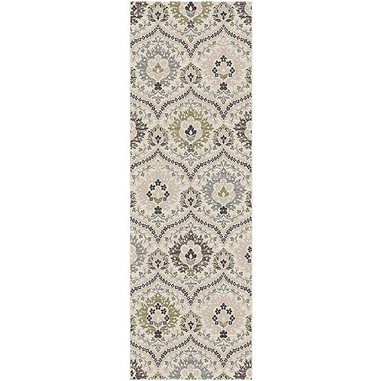 12' Ivory Gray And Olive Floral Stain Resistant Runner Rug - 24.0" (L) x 72.0" (W) x 0.28" (H)