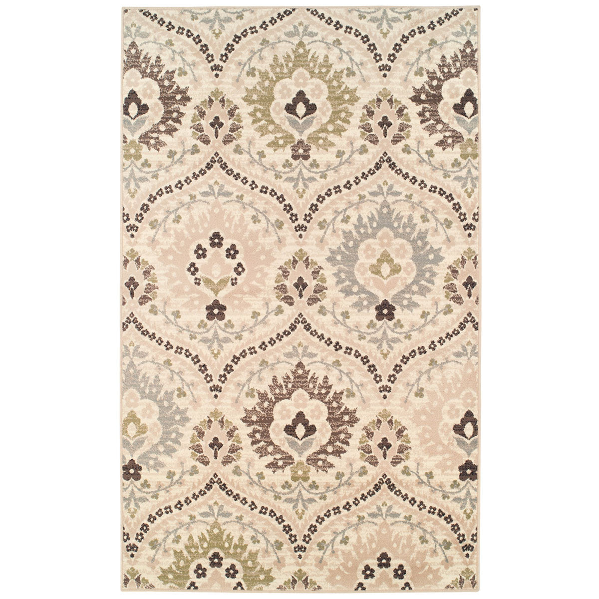 4' X 6' Ivory Gray And Olive Floral Stain Resistant Area Rug - 48.0" (H) x 72.0" (W) x 0.31" (D)