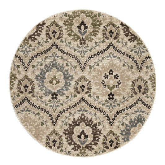 8' Round Ivory Gray And Olive Round Floral Stain Resistant Area Rug - 96.0" (H) x 96.0" (W) x 0.31" (D)