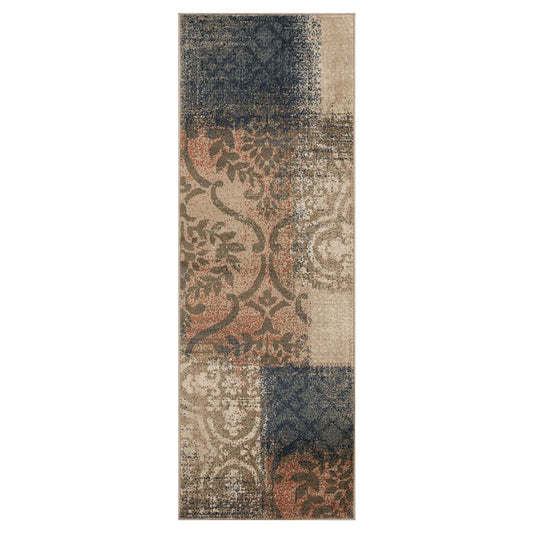 10' Navy And Salmon Damask Distressed Stain Resistant Runner Rug - 118.11" (L) x 153.54" (W) x 1.0" (H)