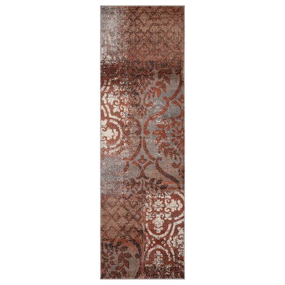 10' Rust And Gray Damask Distressed Stain Resistant Runner Rug - 36.0" (L) x 144.0" (W) x 0.39" (H)