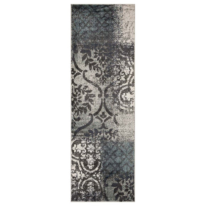 10' Teal And Gray Damask Distressed Stain Resistant Runner Rug - 32.0" (L) x 156.0" (W) x 0.6" (H)