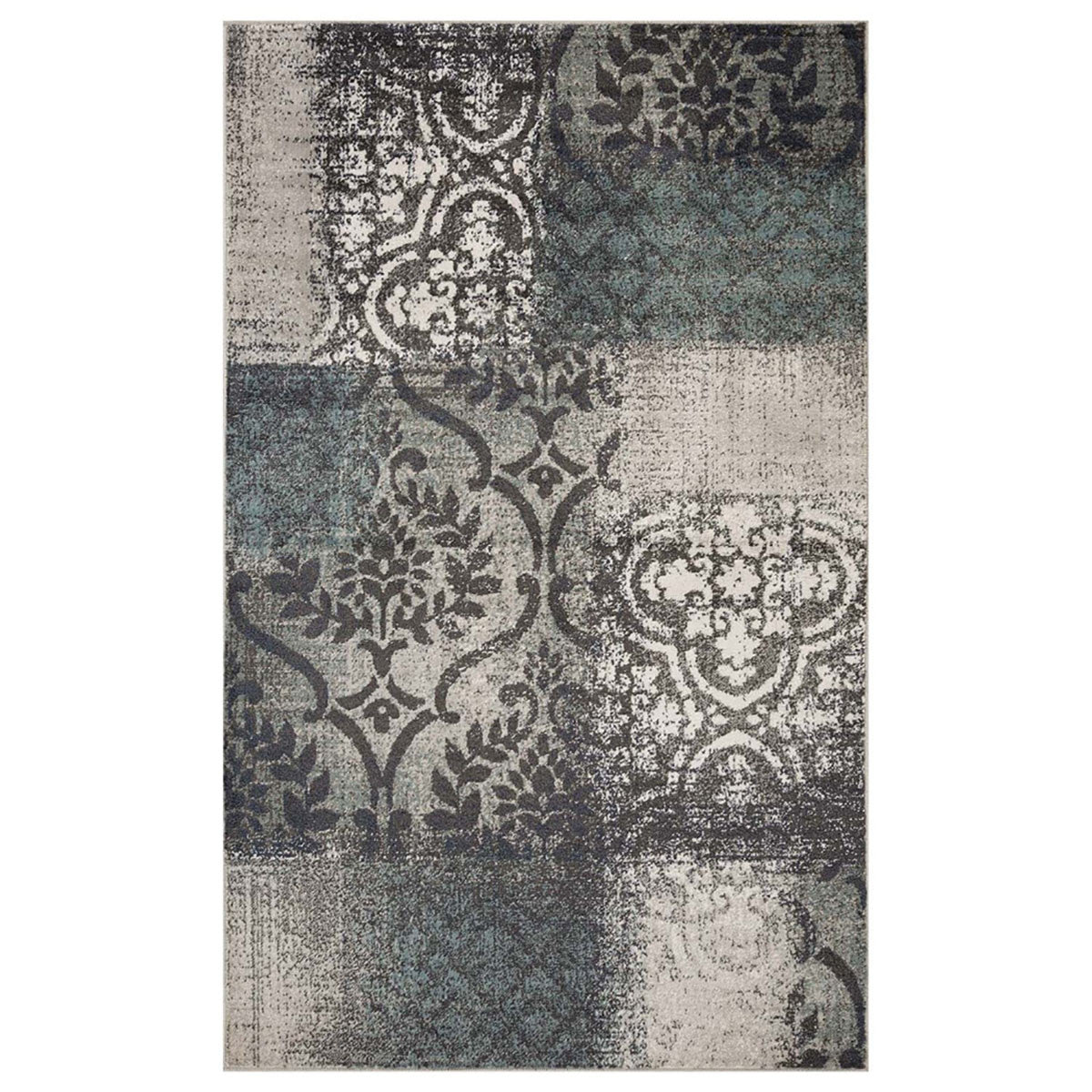 8' X 10' Teal And Gray Damask Distressed Stain Resistant Area Rug - 96.0" (H) x 120.0" (W) x 0.31" (D)