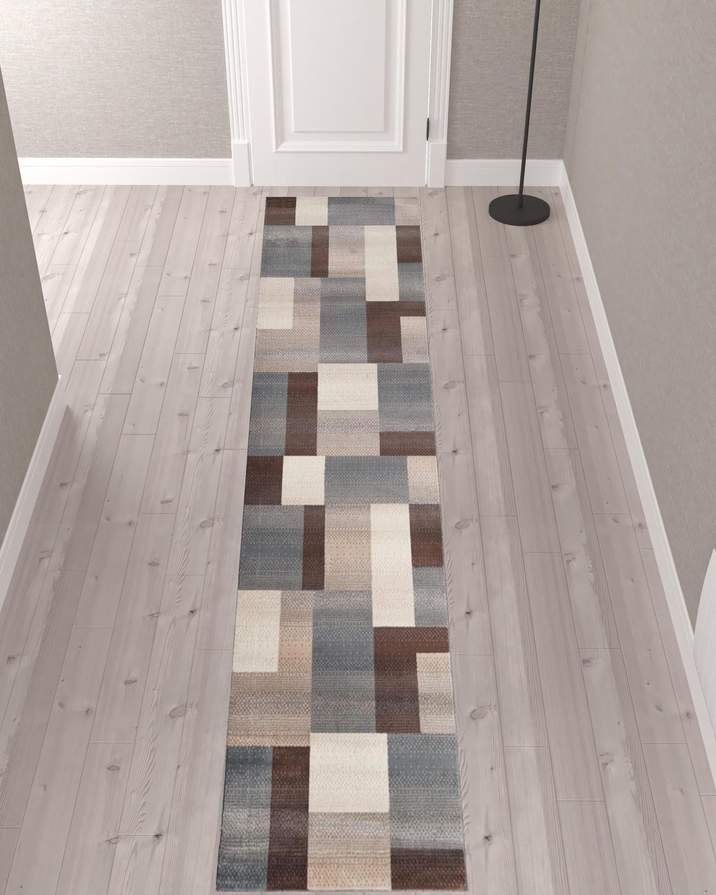 11' Grey Patchwork Power Loom Stain Resistant Runner Rug - 20.0" (L) x 34.0" (W) x 0.39" (H)